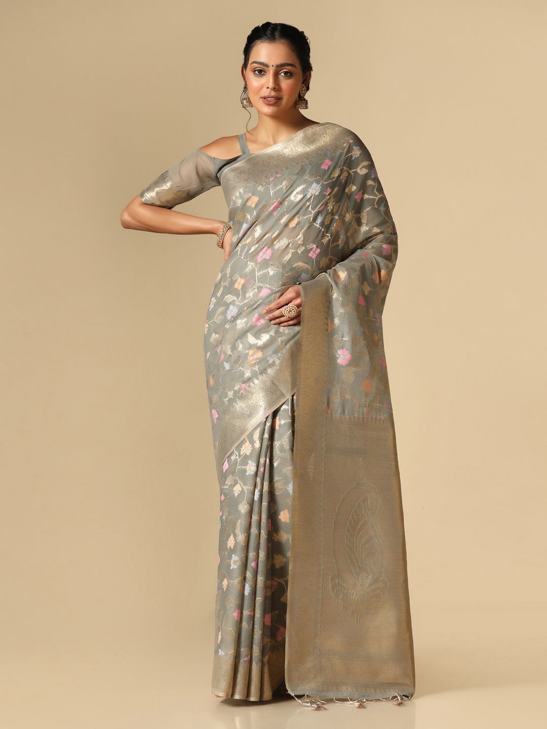 

Mitera Floral Woven Design Zari Banarasi Saree, Grey