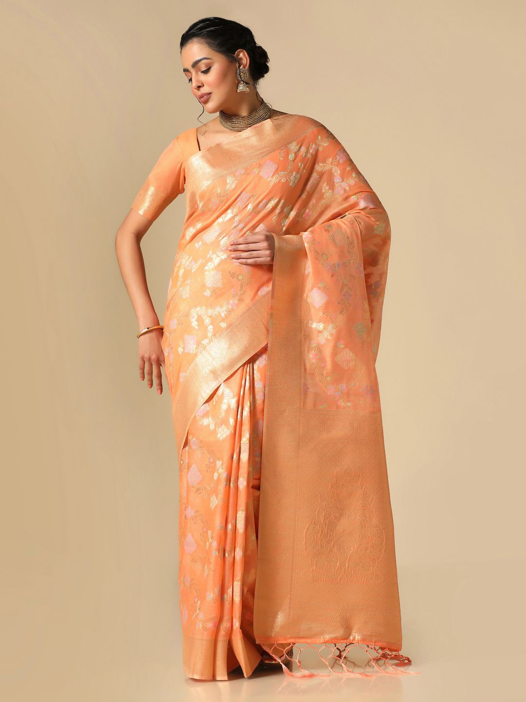 

Mitera Floral Woven Design Zari Banarasi Saree, Orange