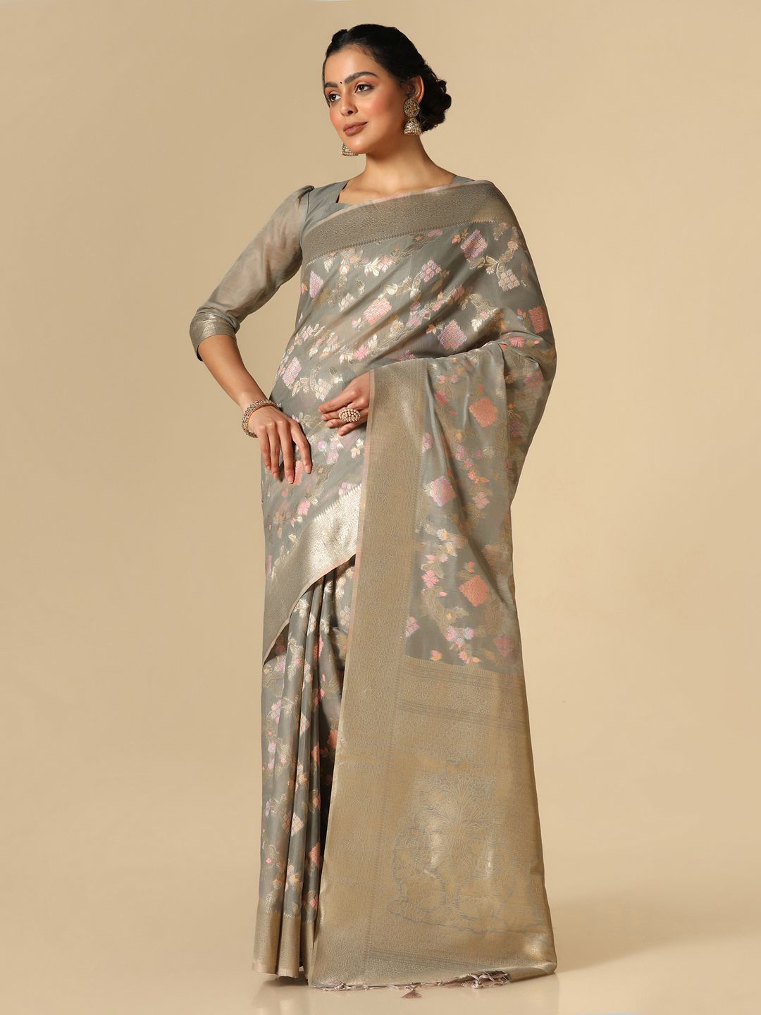 

Mitera Floral Woven Design Zari Banarasi Saree, Grey
