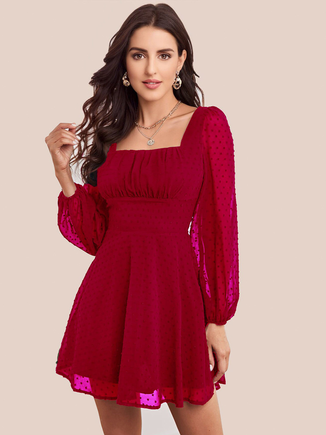 

SHEETAL Associates Self Design Gathered Georgette Mini A-Line Dress, Maroon