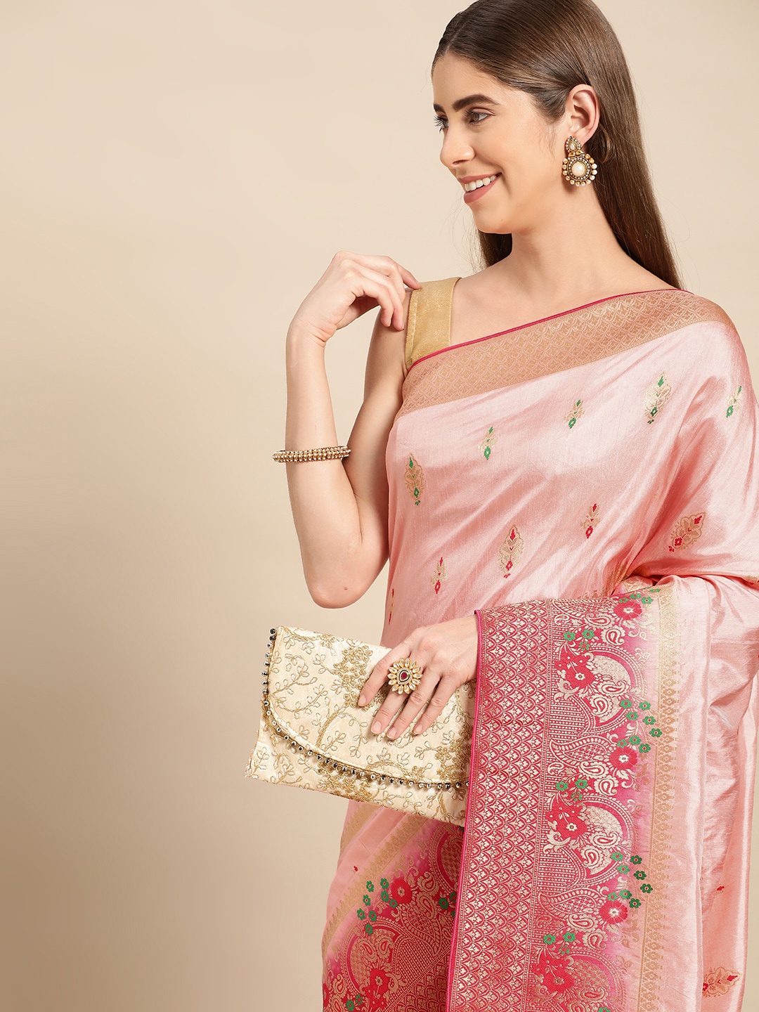

APPLIX STYLE Woven Design Ethnic Motifs Zari Pure Silk Dharmavaram Saree, Peach