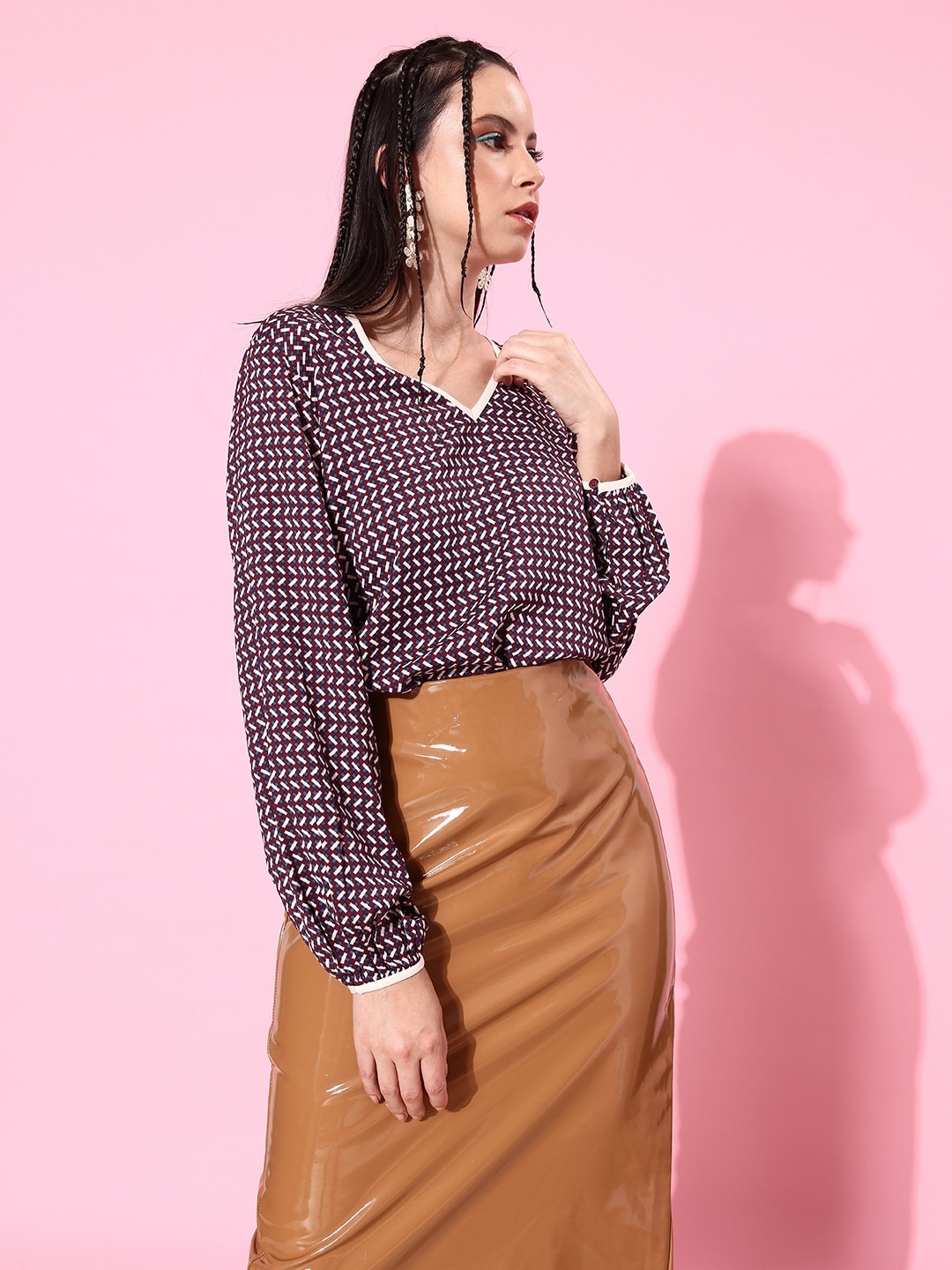 

her by invictus Geometric Print Bishop Sleeves Soulful Blooms V-Neck Top, Brown