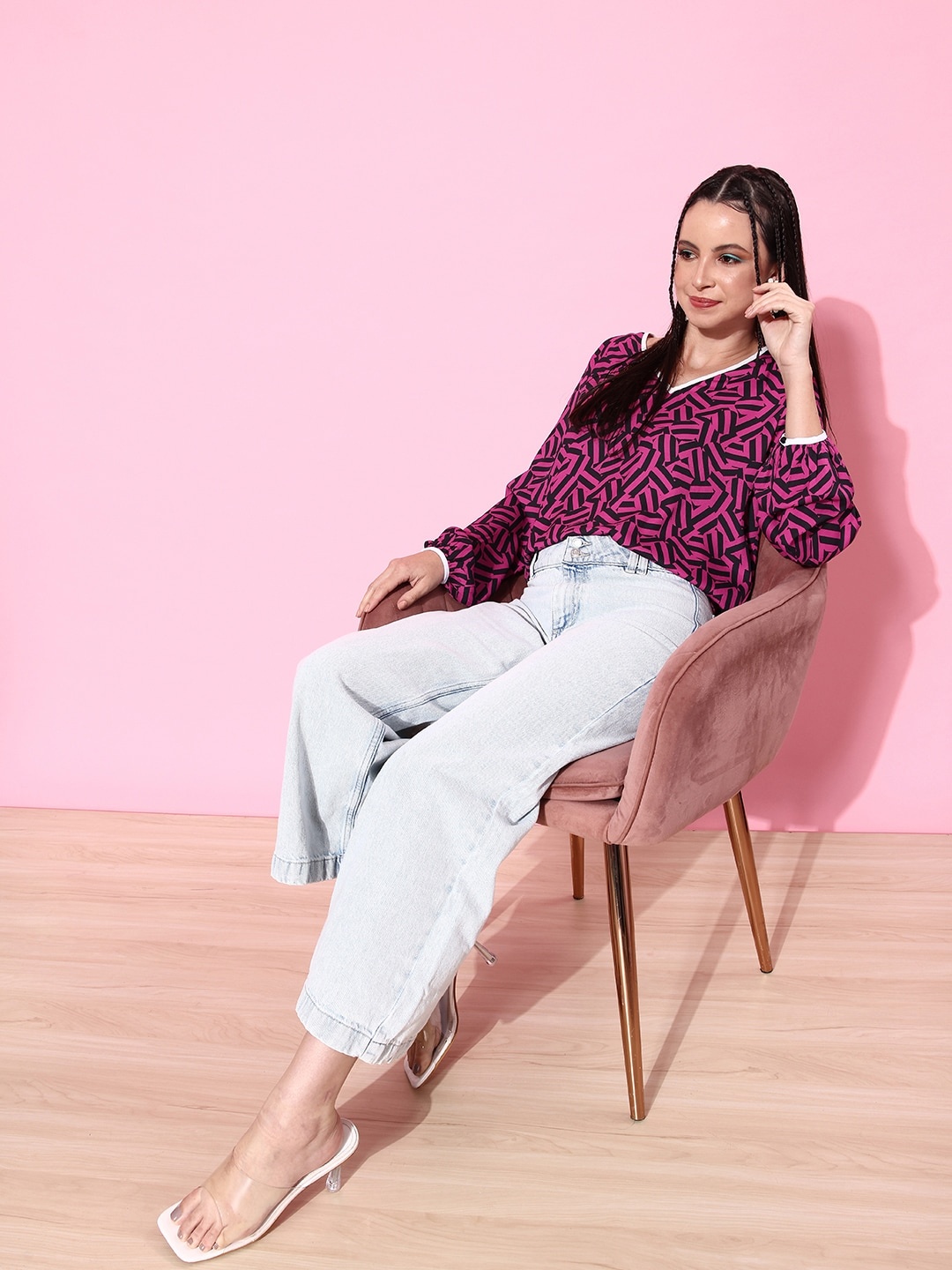 

her by invictus Fuchsia Pink Geometric Print Bishop Sleeves Soulful Blooms V-Neck Top