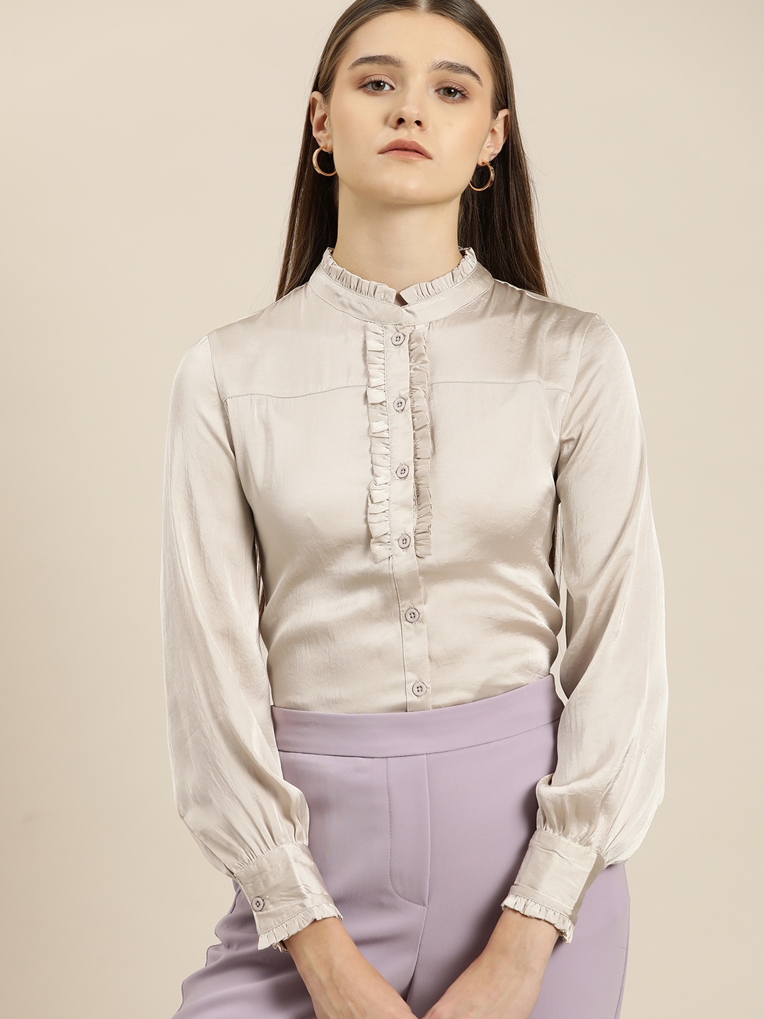 

her by invictus Women Ruffled Satin Finish Casual Shirt, Taupe