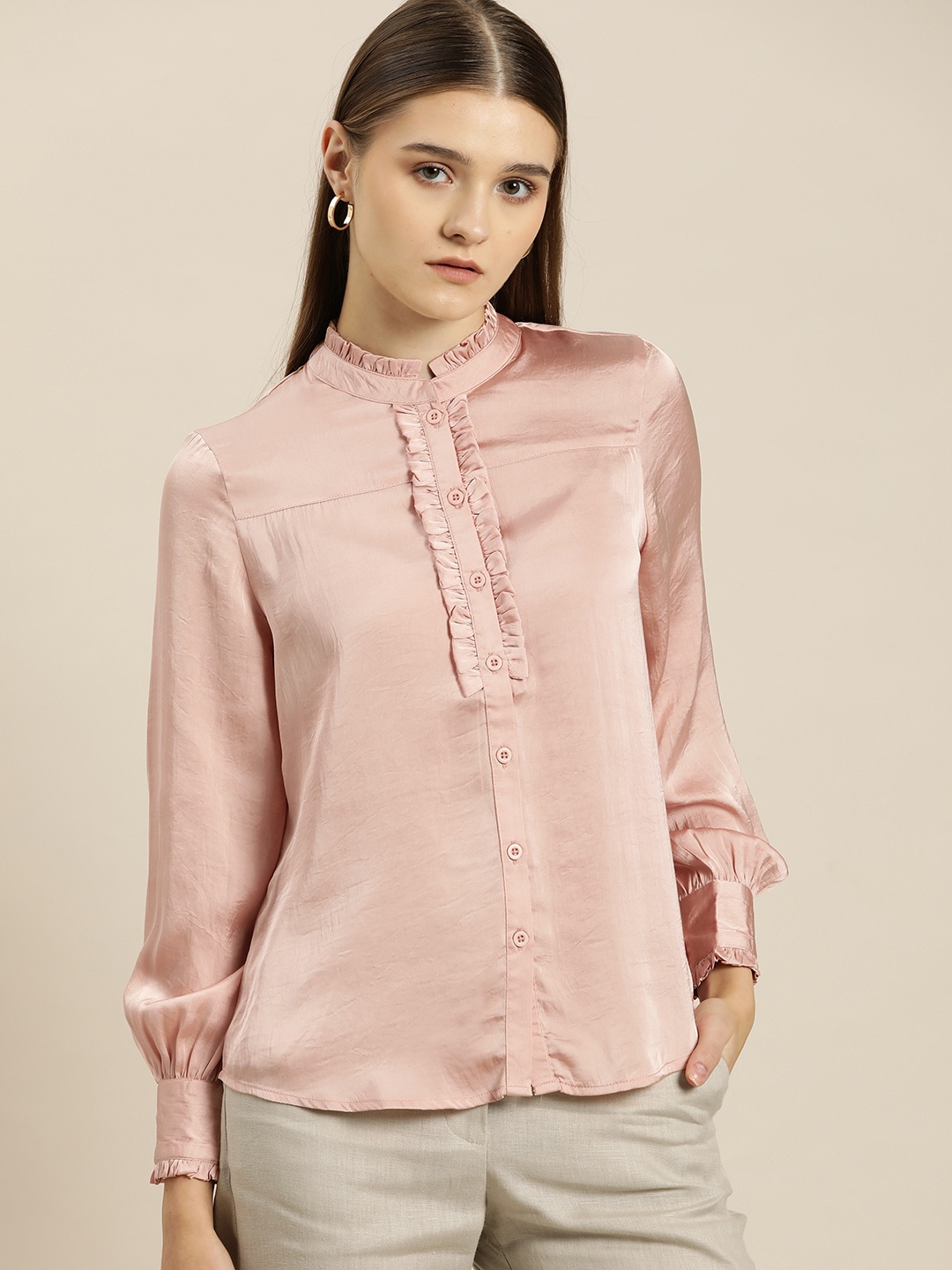 

her by invictus Women Ruffled Satin Finish Casual Shirt, Pink