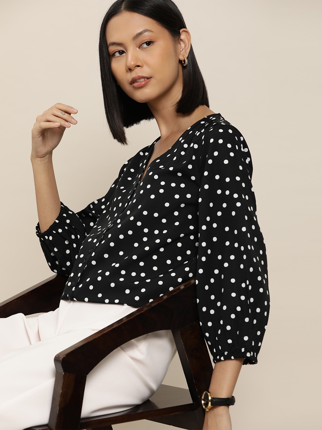 

her by invictus Polka Dot Print Top, Black