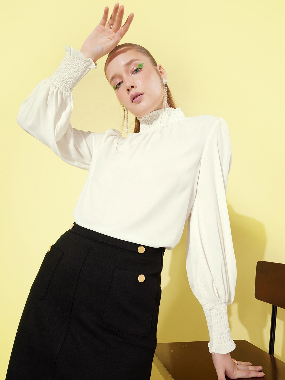 

her by invictus Solid High-Neck Bishop Sleeves Top, White