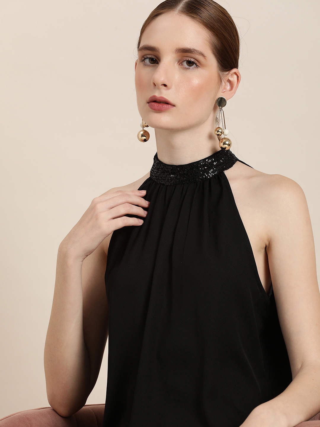 

her by invictus Sequin Detail Halter Neck Top, Black