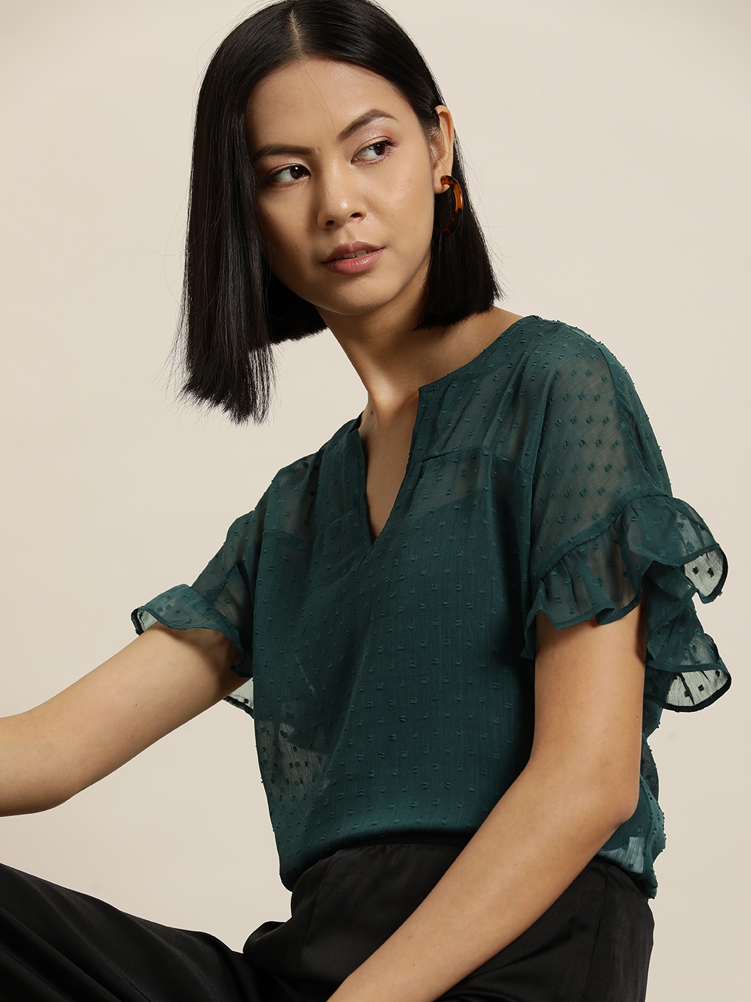 

her by invictus Dobby Flutter Sleeve Sheer Top, Green