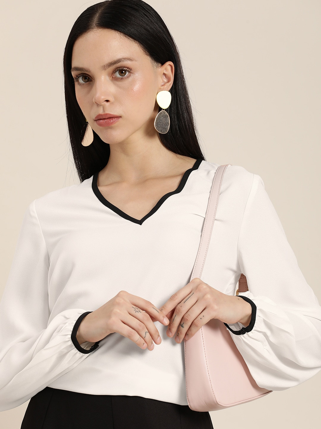 

her by invictus Puff Sleeve Monochrome Top, White