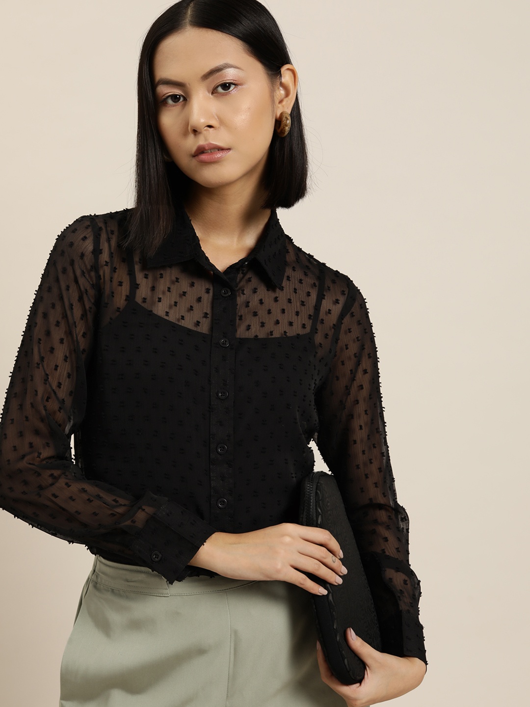 

her by invictus Dobby Weave Sheer Casual Shirt, Black