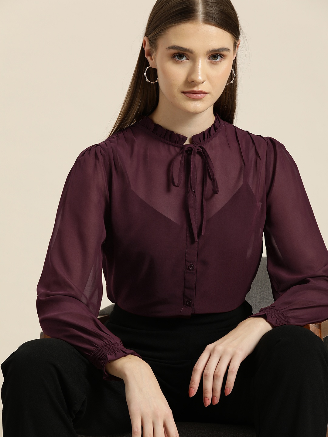 

her by invictus Tie-Up Neck Puff Sleeves Sheer Shirt Style Top, Maroon