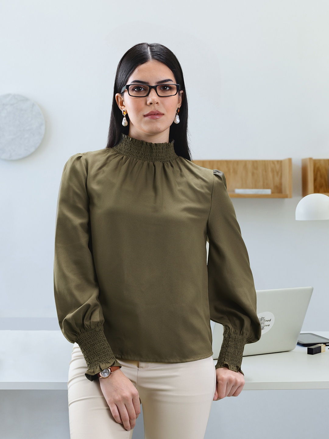 

her by invictus Solid High-Neck Bishop Sleeves Top, Olive