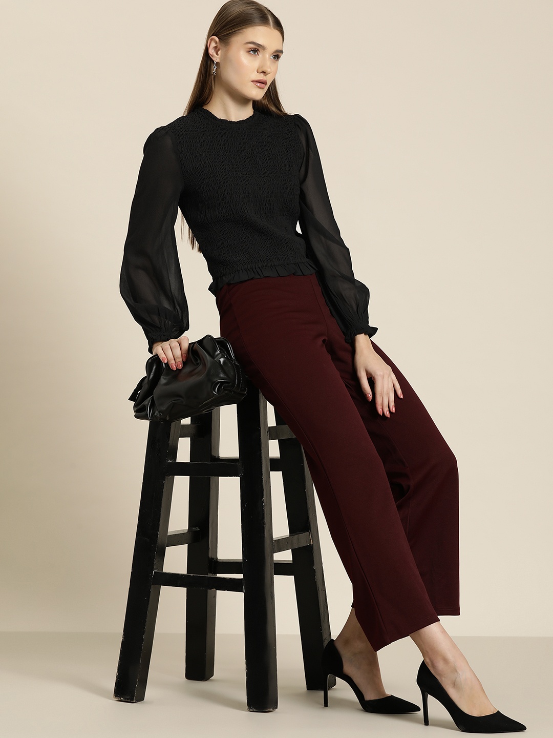 

her by invictus Puff Sleeves Smocked Top, Black