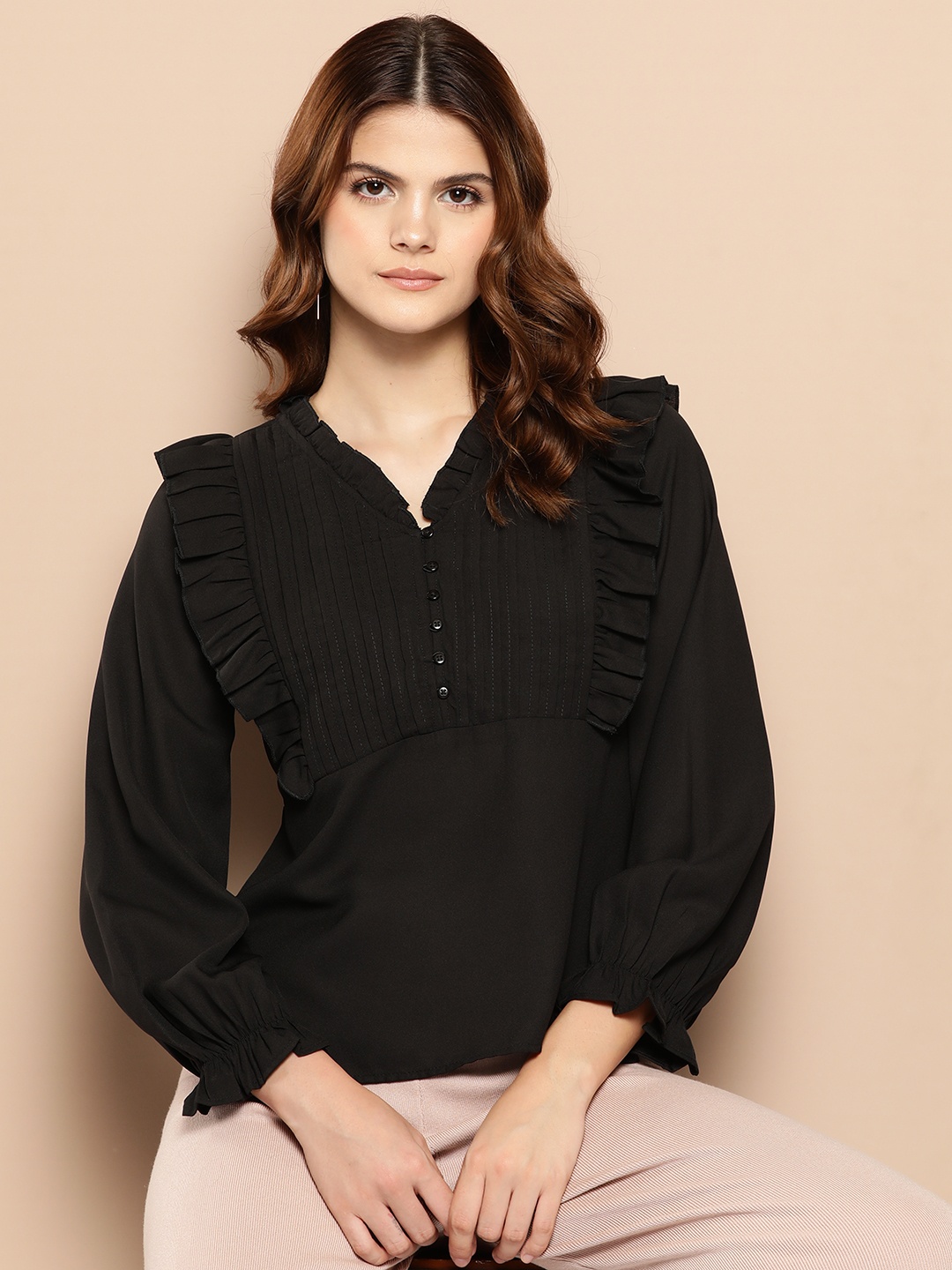 

her by invictus Puff Sleeve Ruffles Top, Black