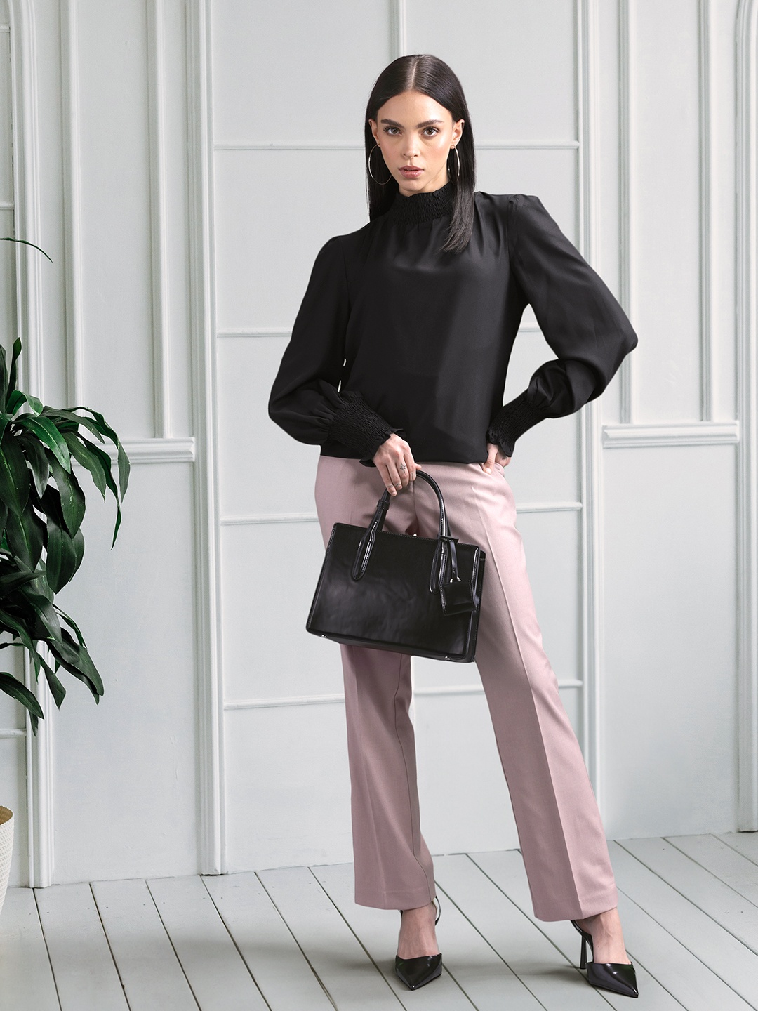 

her by invictus Solid High-Neck Bishop Sleeves Top, Black