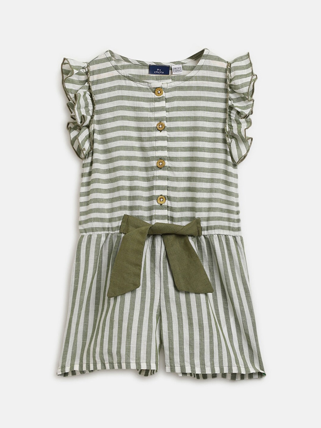 

Chicco Girls Striped Bow Detail Flutter Sleeves Playsuit Jumpsuit, Olive