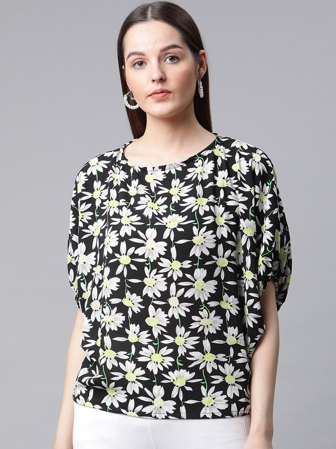 

RIVI Black Floral Print Bohemian Georgette Blouson Top