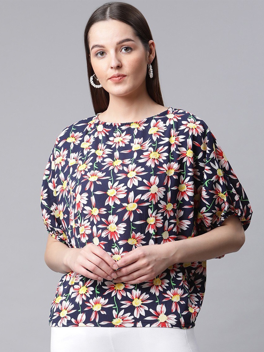 

RIVI Floral Printed Puff Sleeves Top, Navy blue