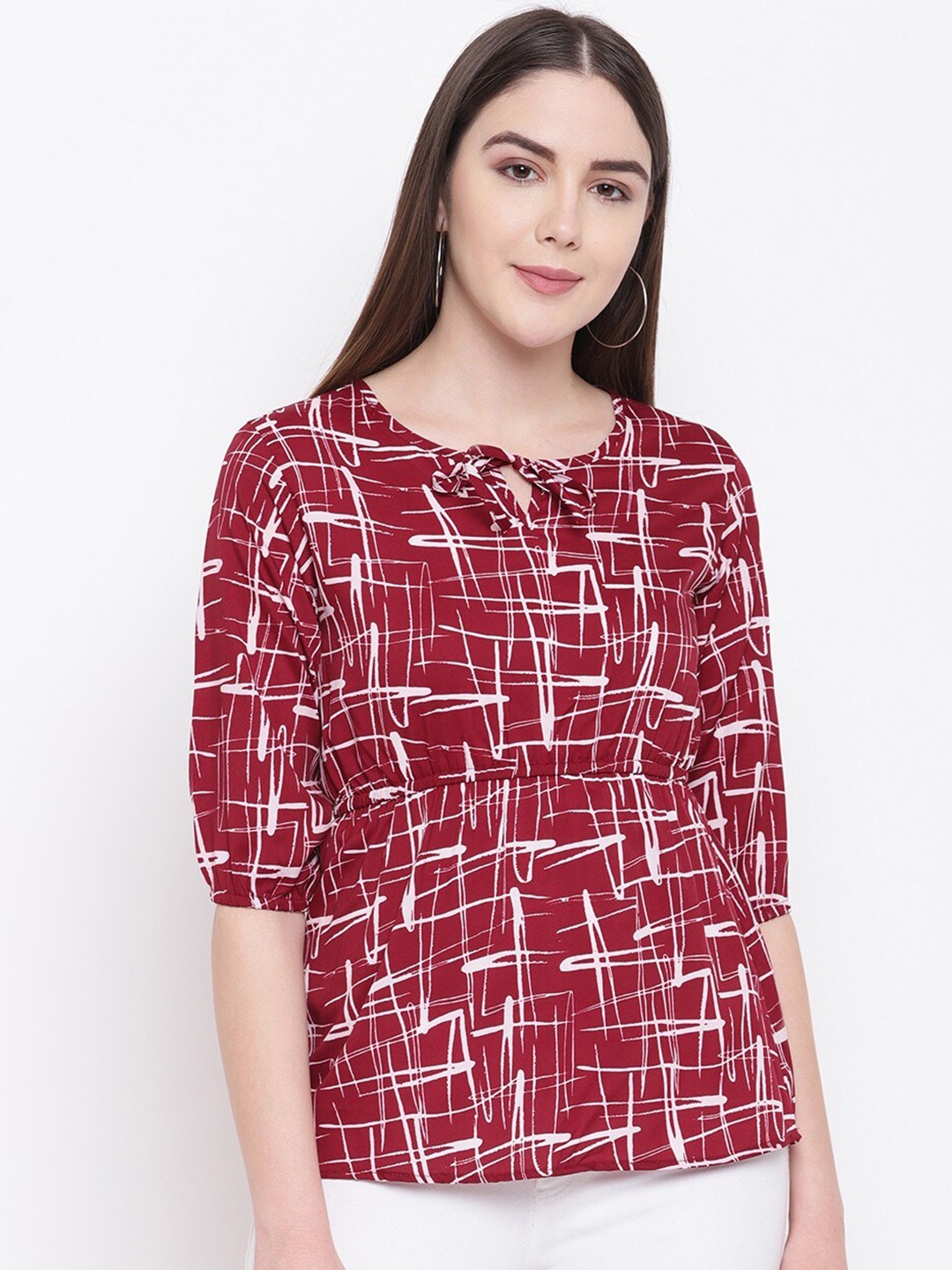 

RIVI Abstract Printed Tie Up Neck Crepe Cinched Waist Top, Maroon