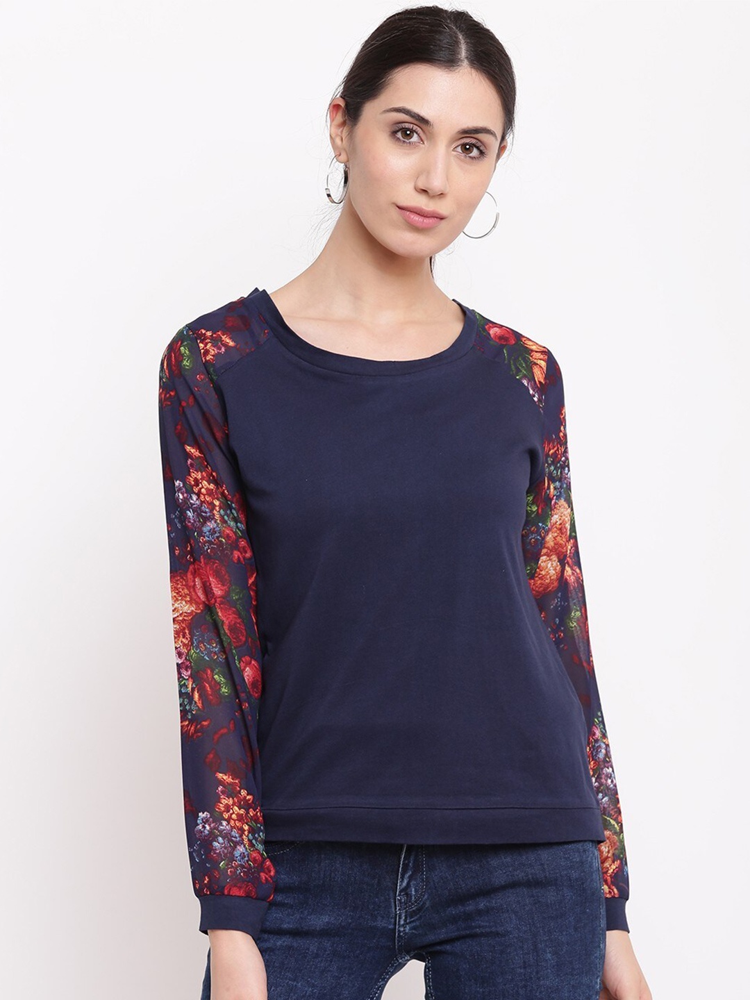 

RIVI Navy Blue Floral Print Bohemian Georgette Styled Back Top
