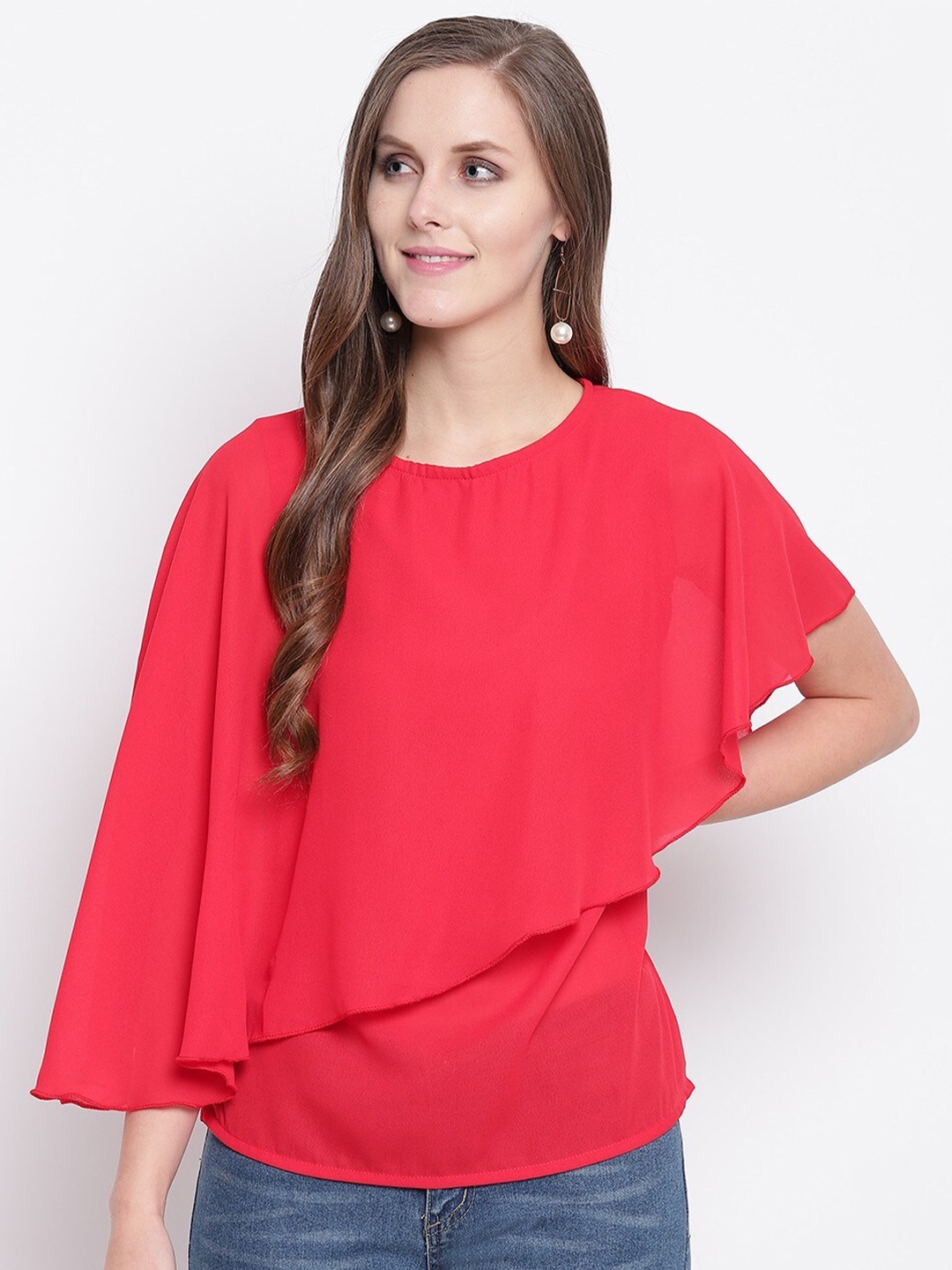 

RIVI Round Neck Flared Cape Top, Red