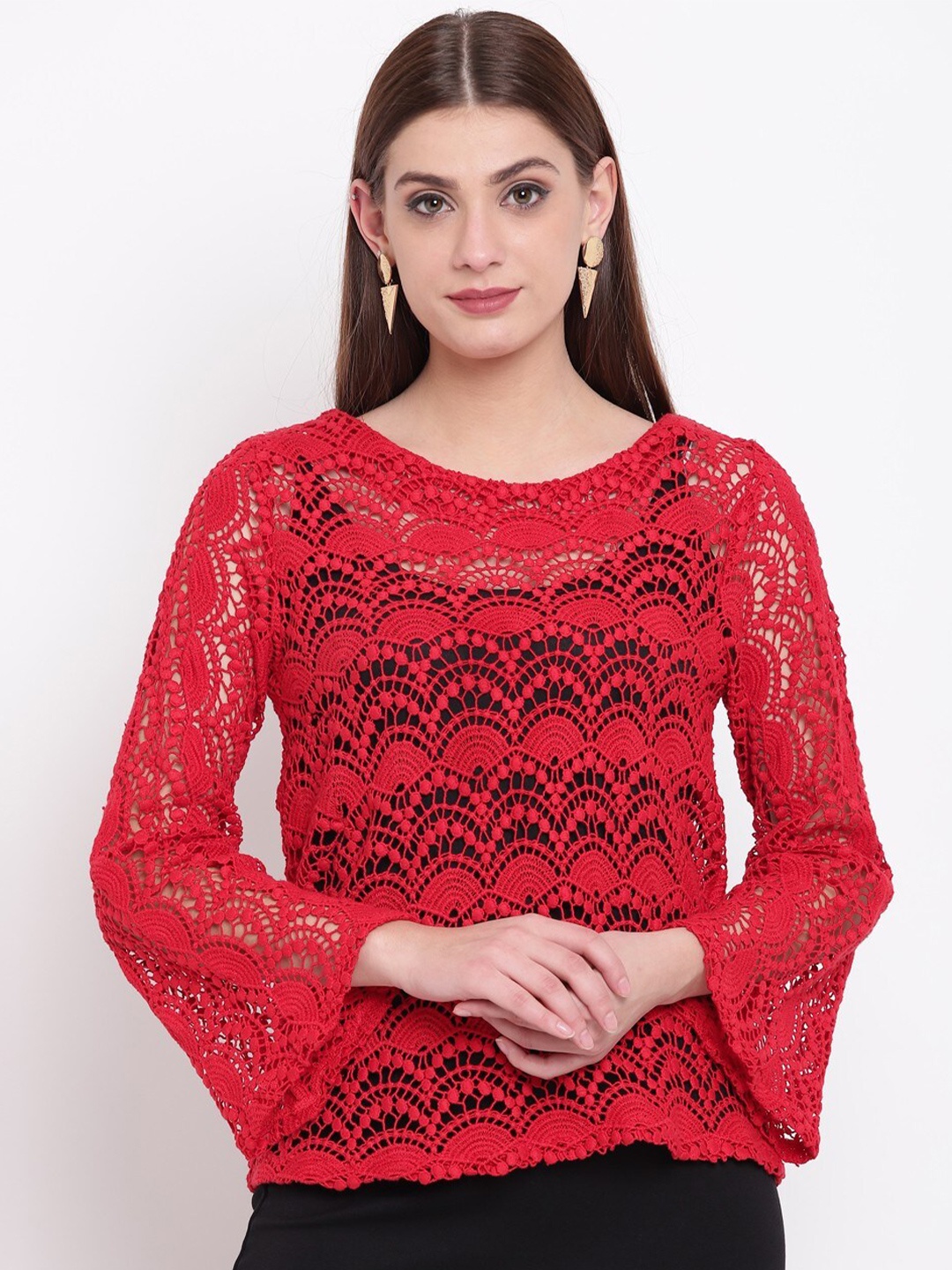 

RIVI Self Design Bell Sleeves Pure Cotton Top, Red
