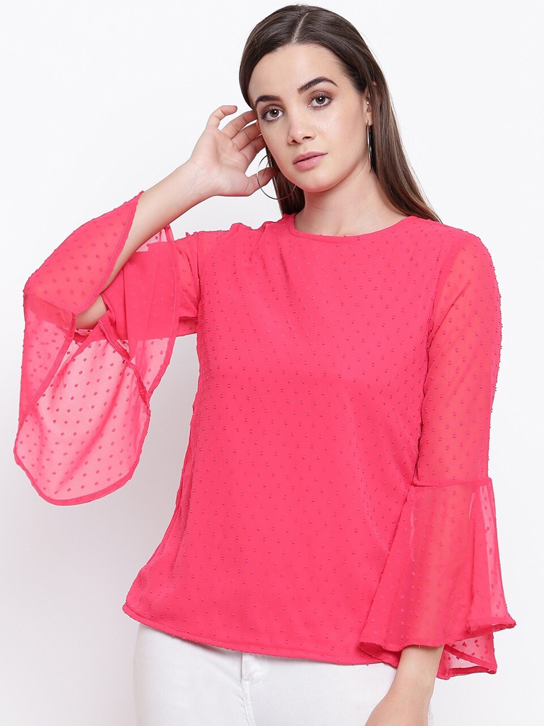 

RIVI Self Design Boat Neck Net Bell Sleeves Top, Pink