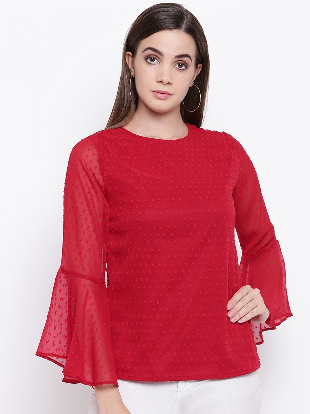 

RIVI Self-Design Dobby Bell Sleeves A-Line Top, Red