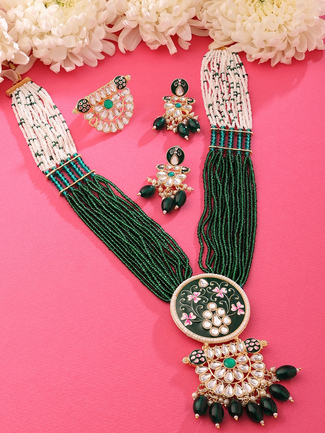 

Zaveri Pearls Gold-Plated Kundan Studded & Beaded Meenakari Jewellery Set, Green