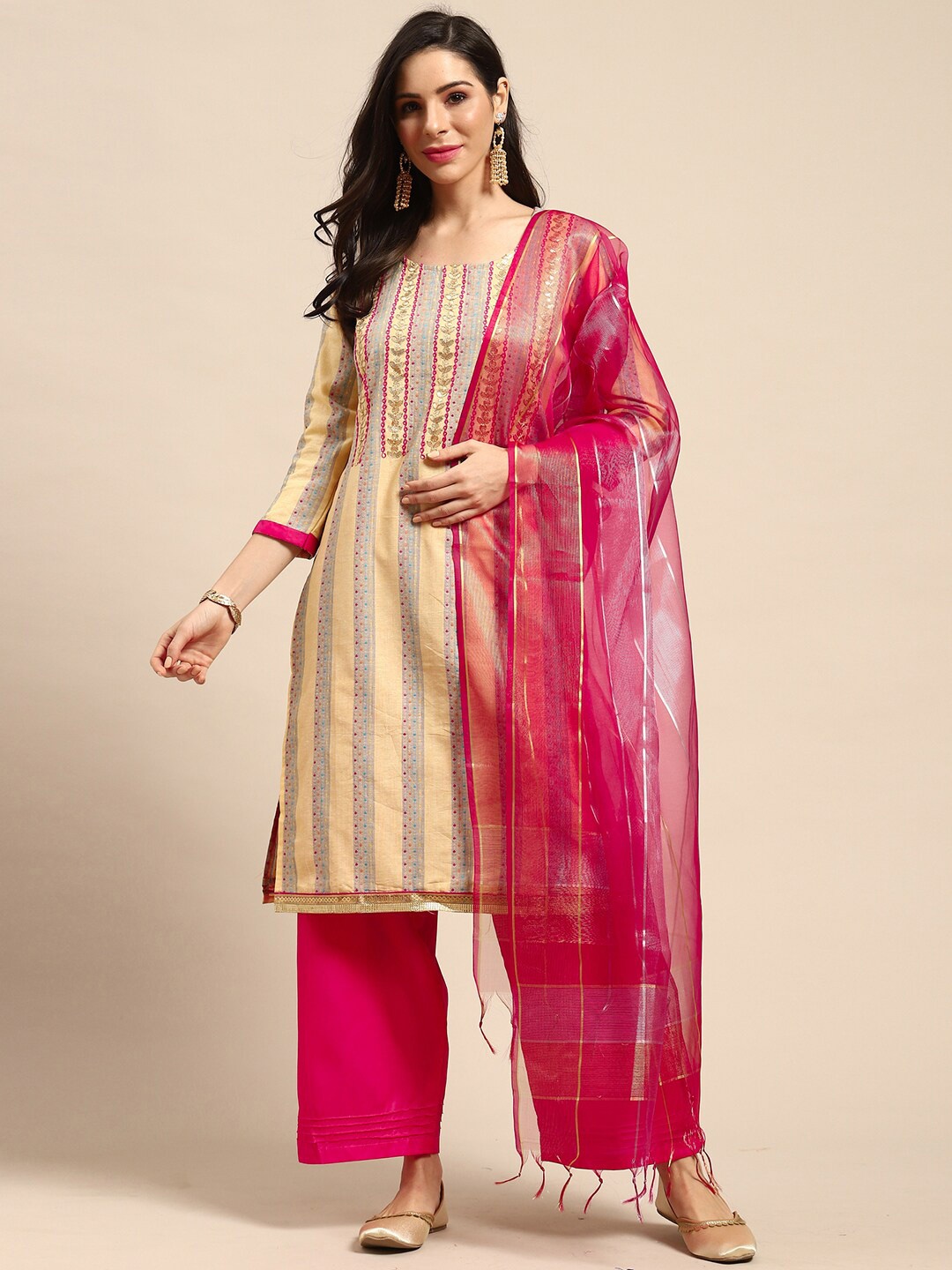 

Rajnandini Embroidered Pure Cotton Unstitched Dress Material, Beige