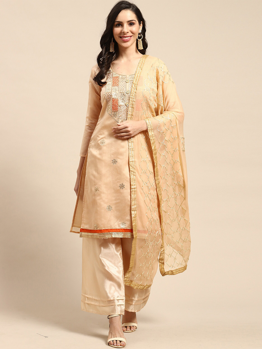 

Rajnandini Embroidered Beads & Stones Unstitched Dress Material, Peach