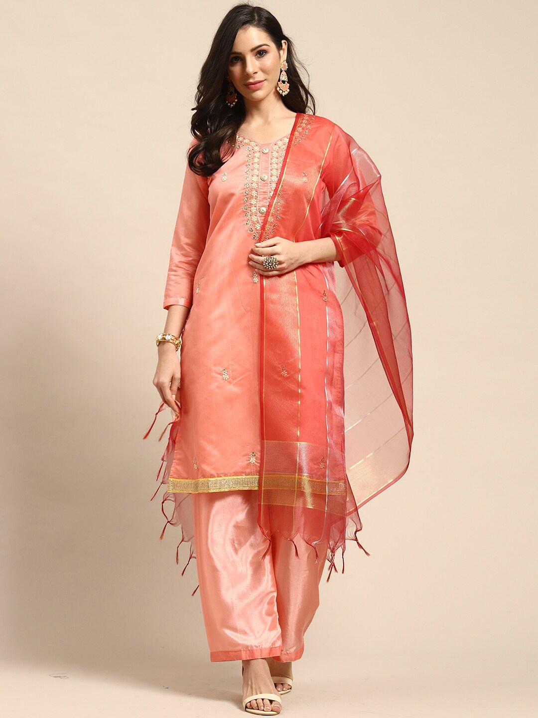 

Rajnandini Beads and Stones Embellished Unstitched Dress Material, Peach