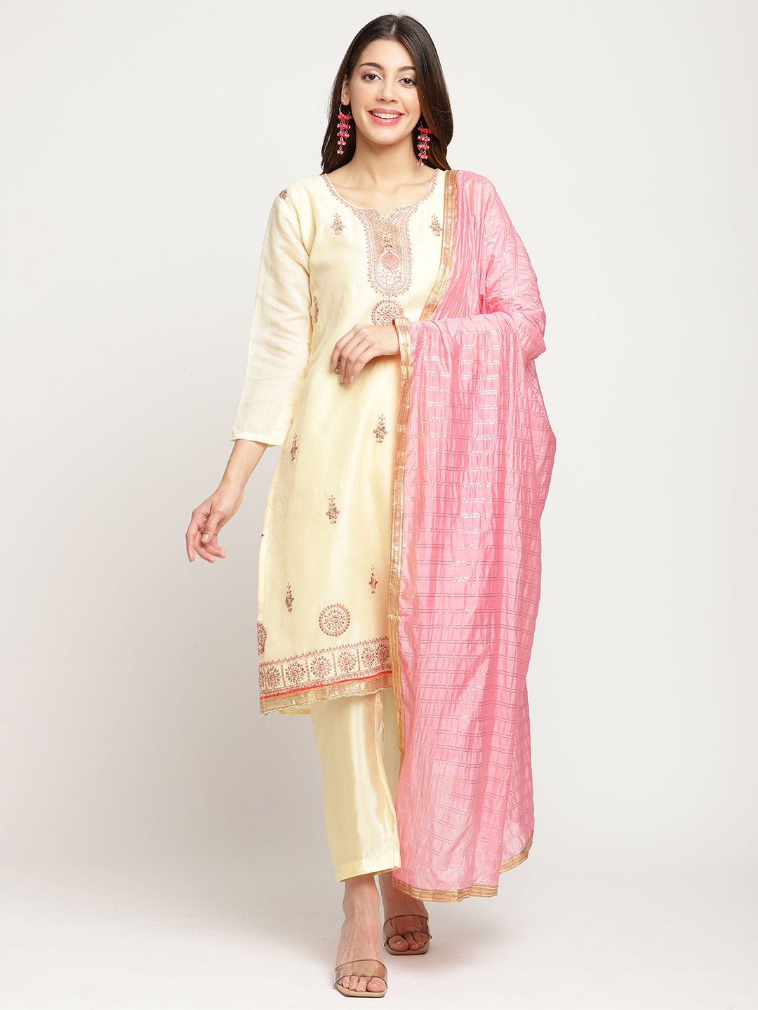 

Rajnandini Embroidered Sequinned Unstitched Dress Material, Beige