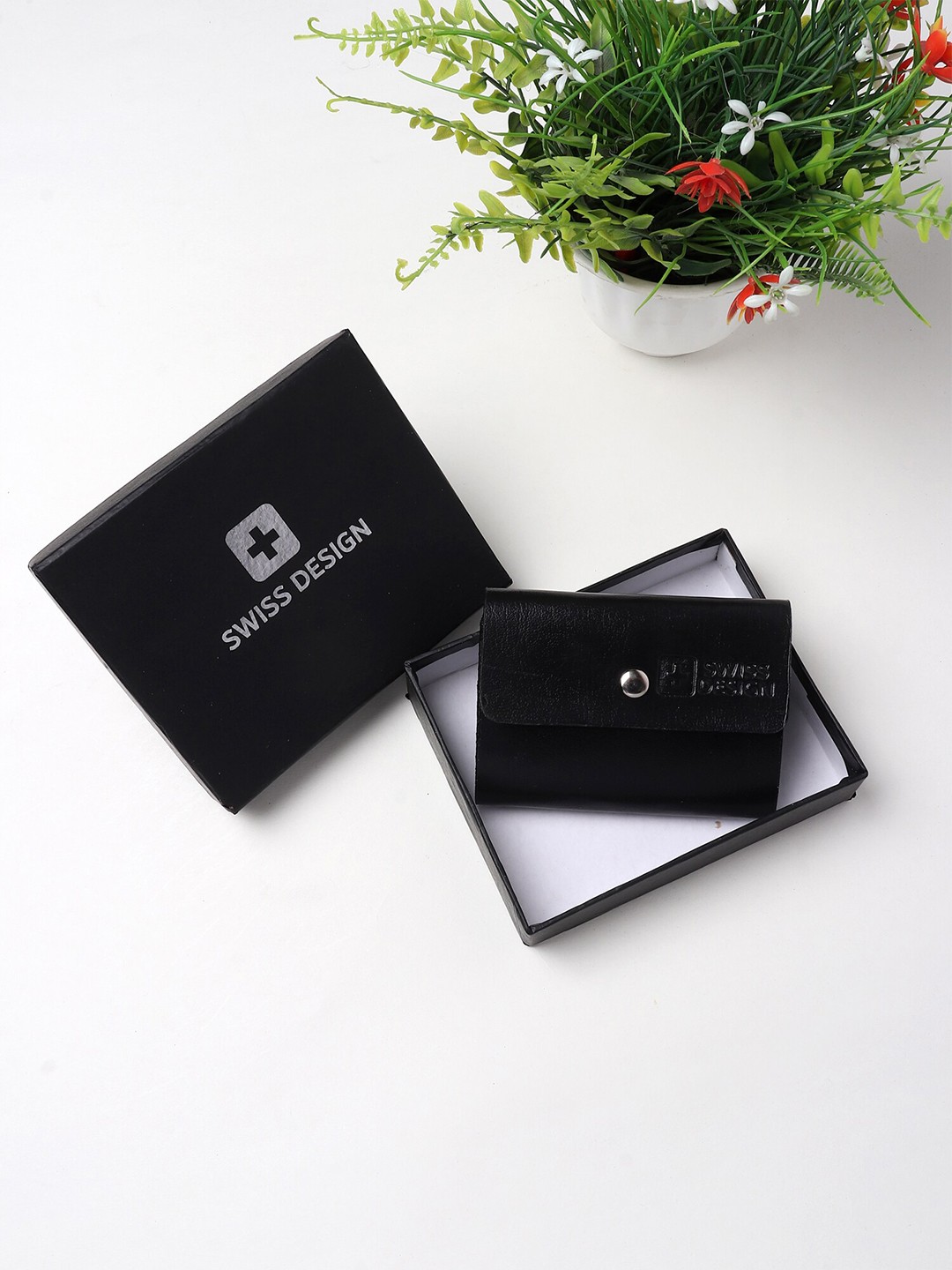 

Swiss Design Textured Button Closure Card Holder, Black