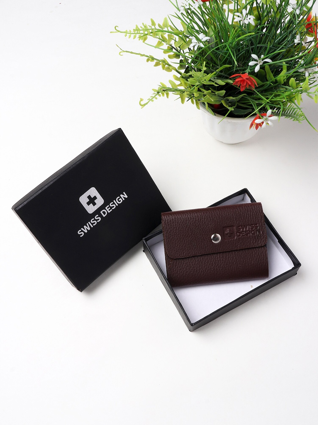 

Swiss Design Textured Button Closure Card Holder, Brown