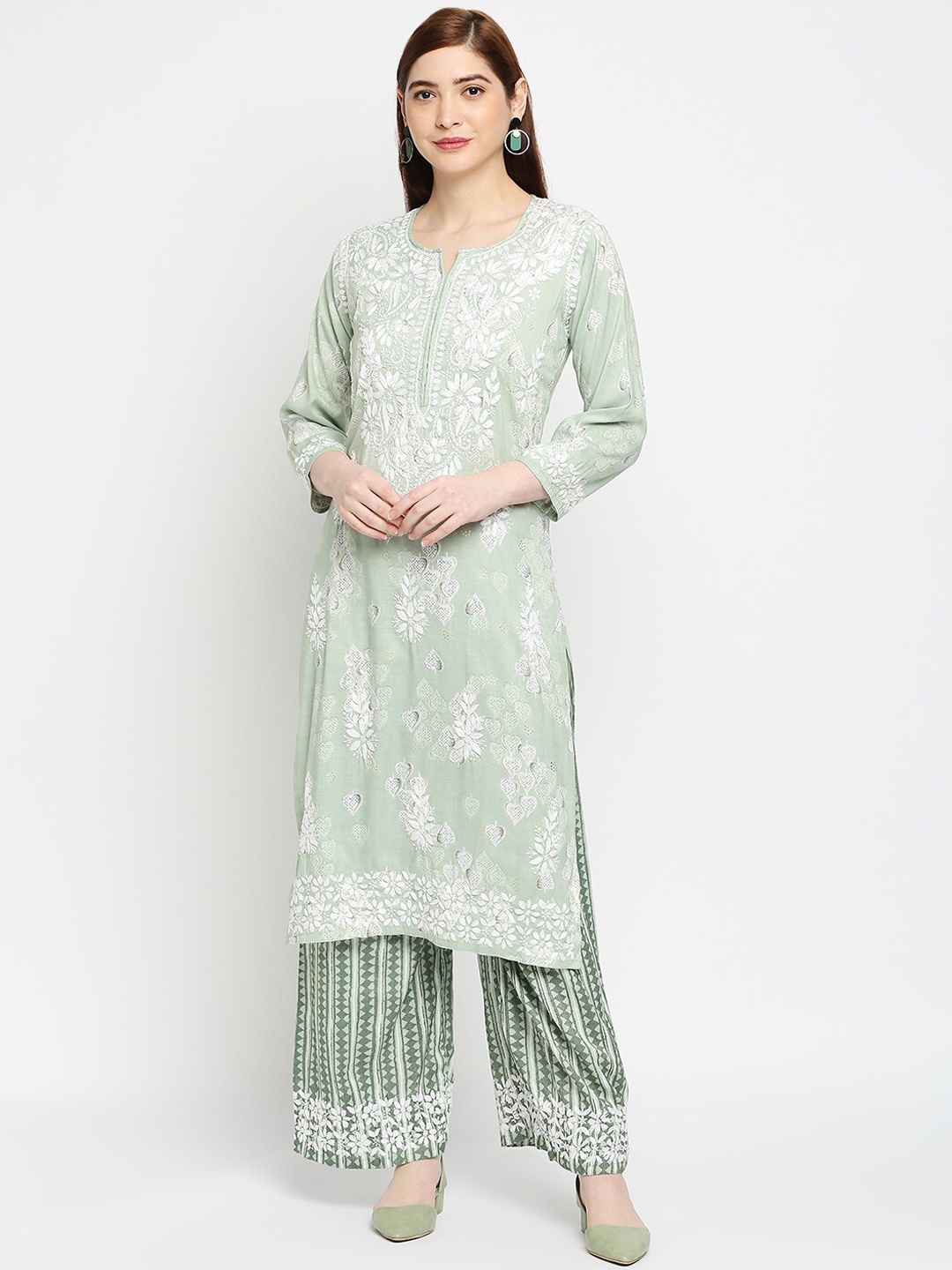 

Indiankala4u Ethnic Motifs Embroidered Notch Neck Straight Kurta with Palazzos, Sea green