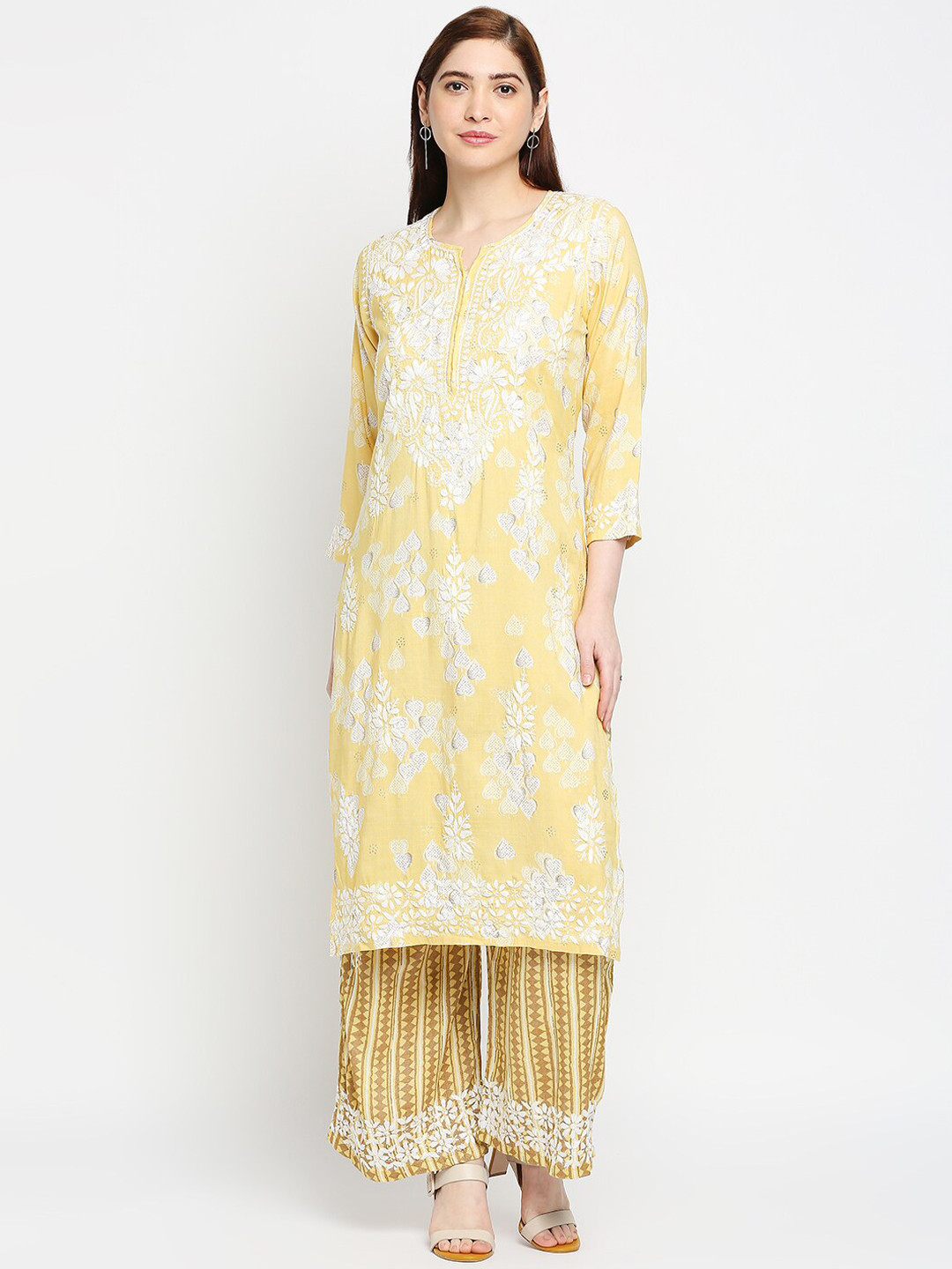 

Indiankala4u Ethnic Motifs Embroidered Notch Neck Straight Kurta with Palazzos, Yellow