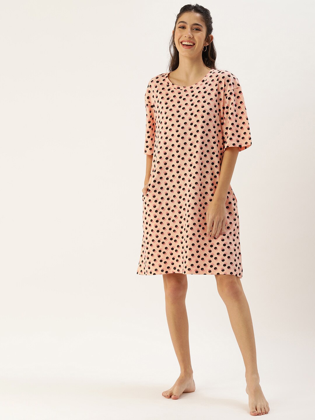 

Slumber Jill Polka Dots Printed Pure Cotton Nightdress, Peach