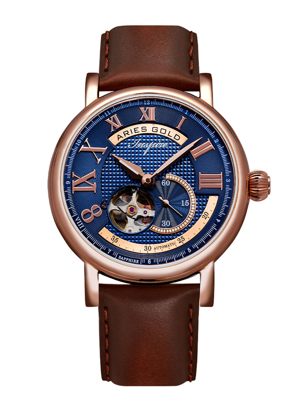 

Aries Gold Brass Skeleton Dial & Leather Straps Analogue Automatic Motion Powered Watch, Blue