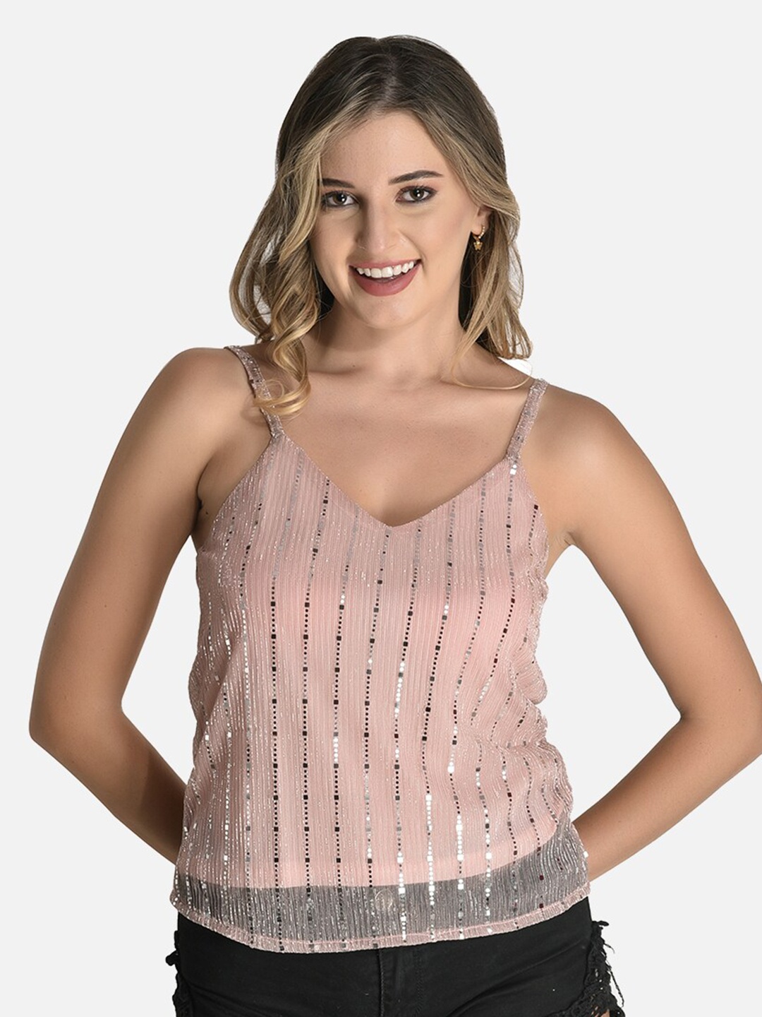 

StyFun Embellished Sleeveless Net Regular Top, Peach