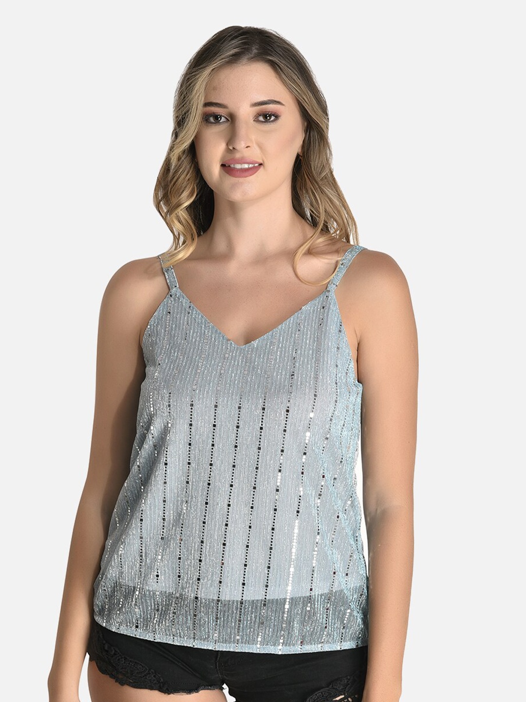 

StyFun Shoulder Straps Embellished Semi-Sheer Net Top, Grey