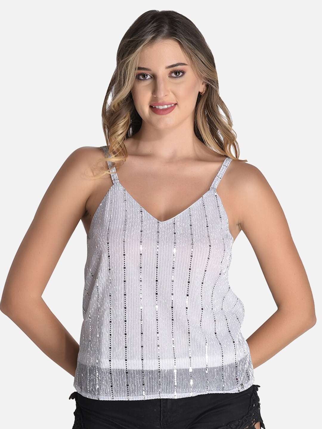 

StyFun Embellished Sheer Net Top, White