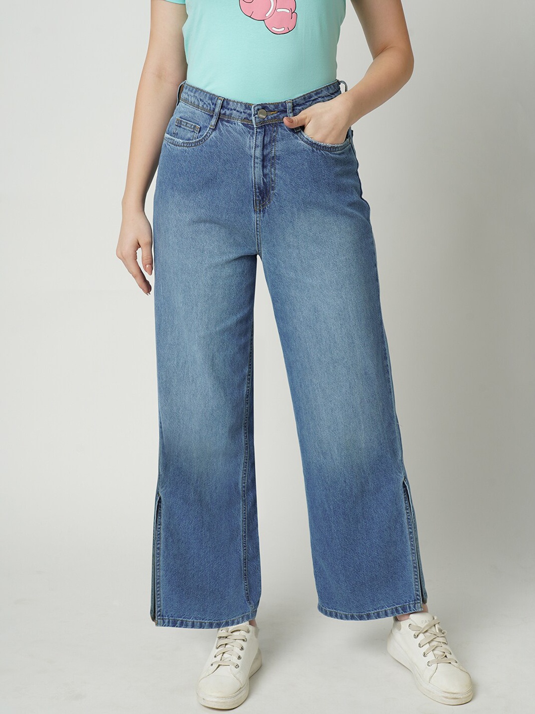 

Kraus Jeans Women Wide Leg High-Rise Heavy Fade Pure Cotton Jeans, Blue