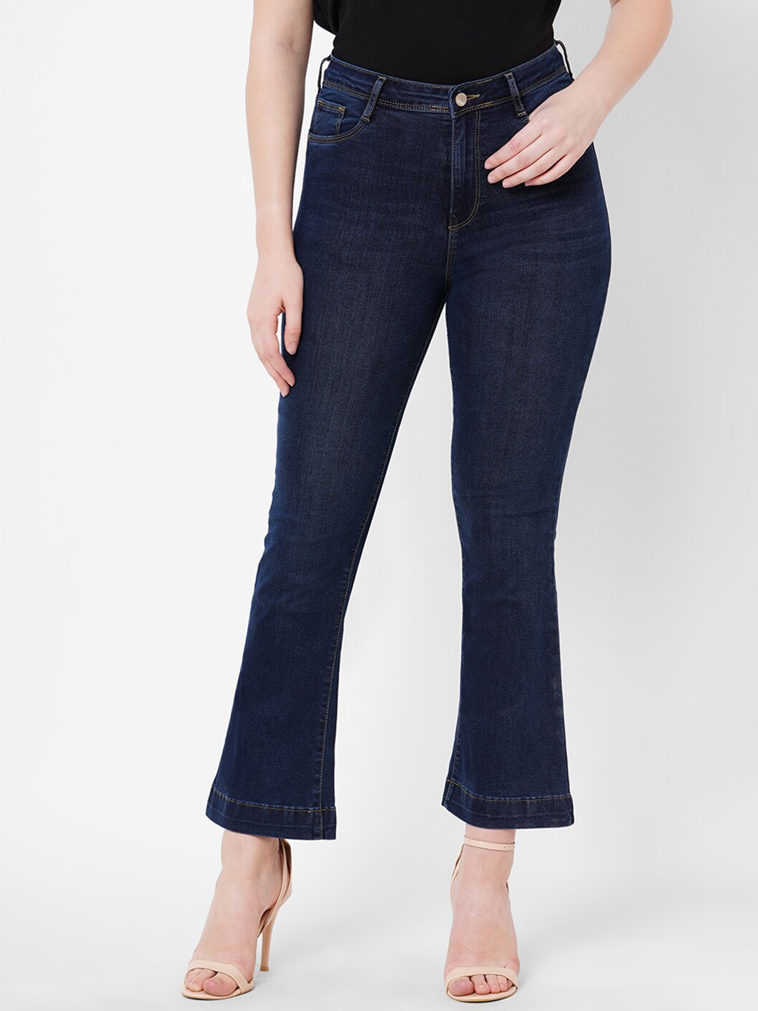 

Kraus Jeans Women Flared High-Rise Light Fade Cotton Jeans, Navy blue