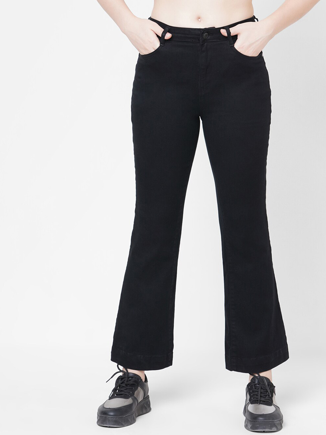 

Kraus Jeans Women Flared High Rise Cotton Jeans, Black