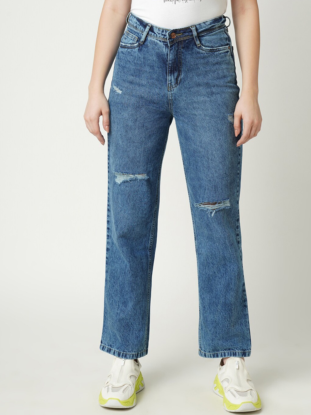 

Kraus Jeans Women Straight Fit High-Rise Ripped Light Fade Cotton Jeans, Blue