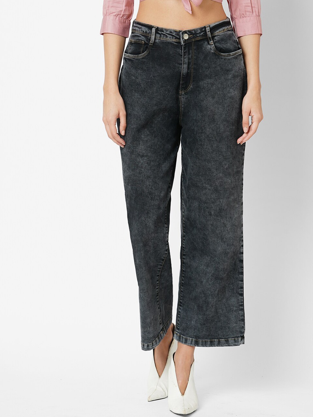 

Kraus Jeans Women Wide Leg High-Rise Heavy Fade Stretchable Jeans, Grey
