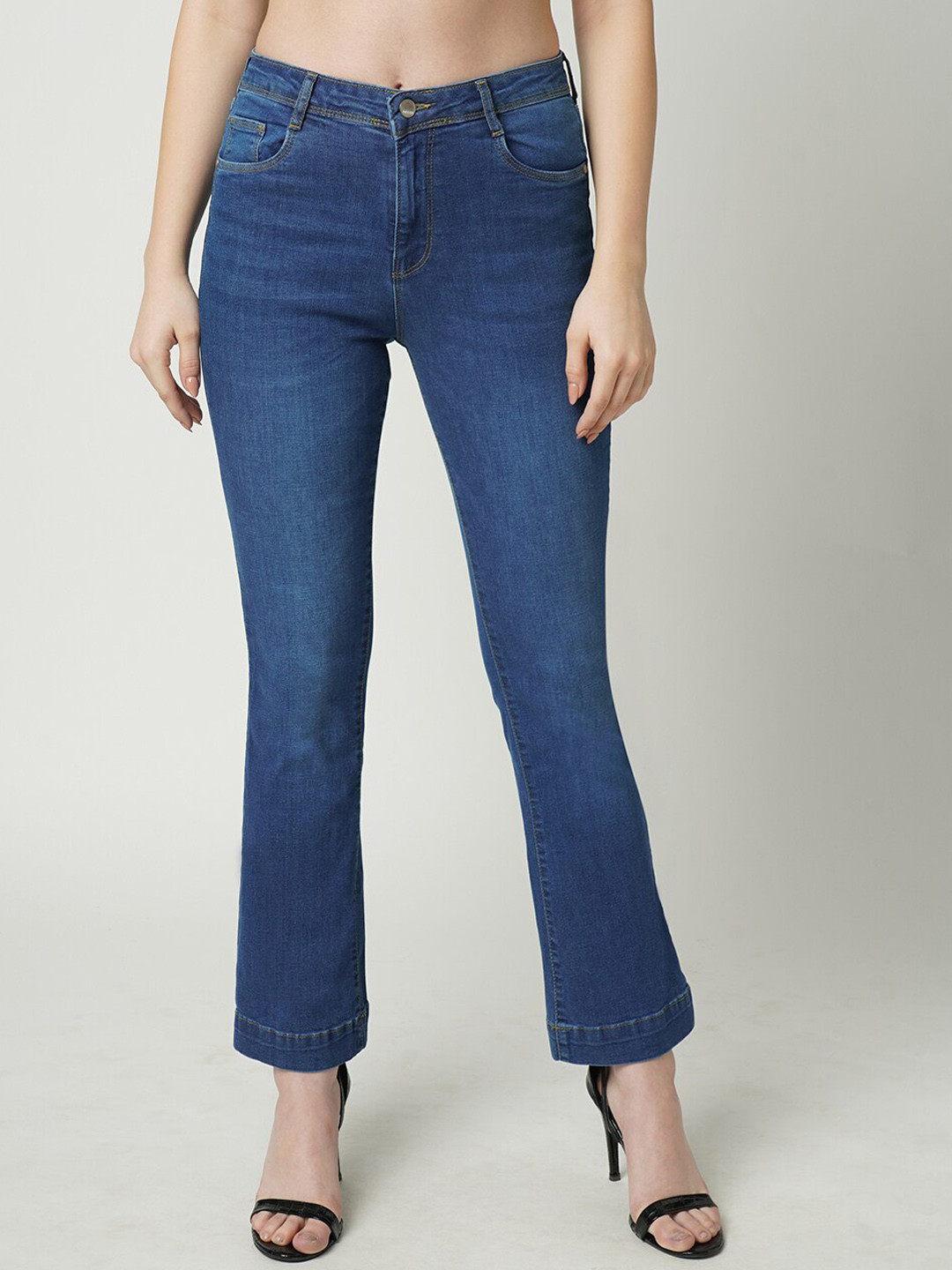 

Kraus Jeans Women Flared High-Rise Light Fade Cropped Stretchable Jeans, Blue