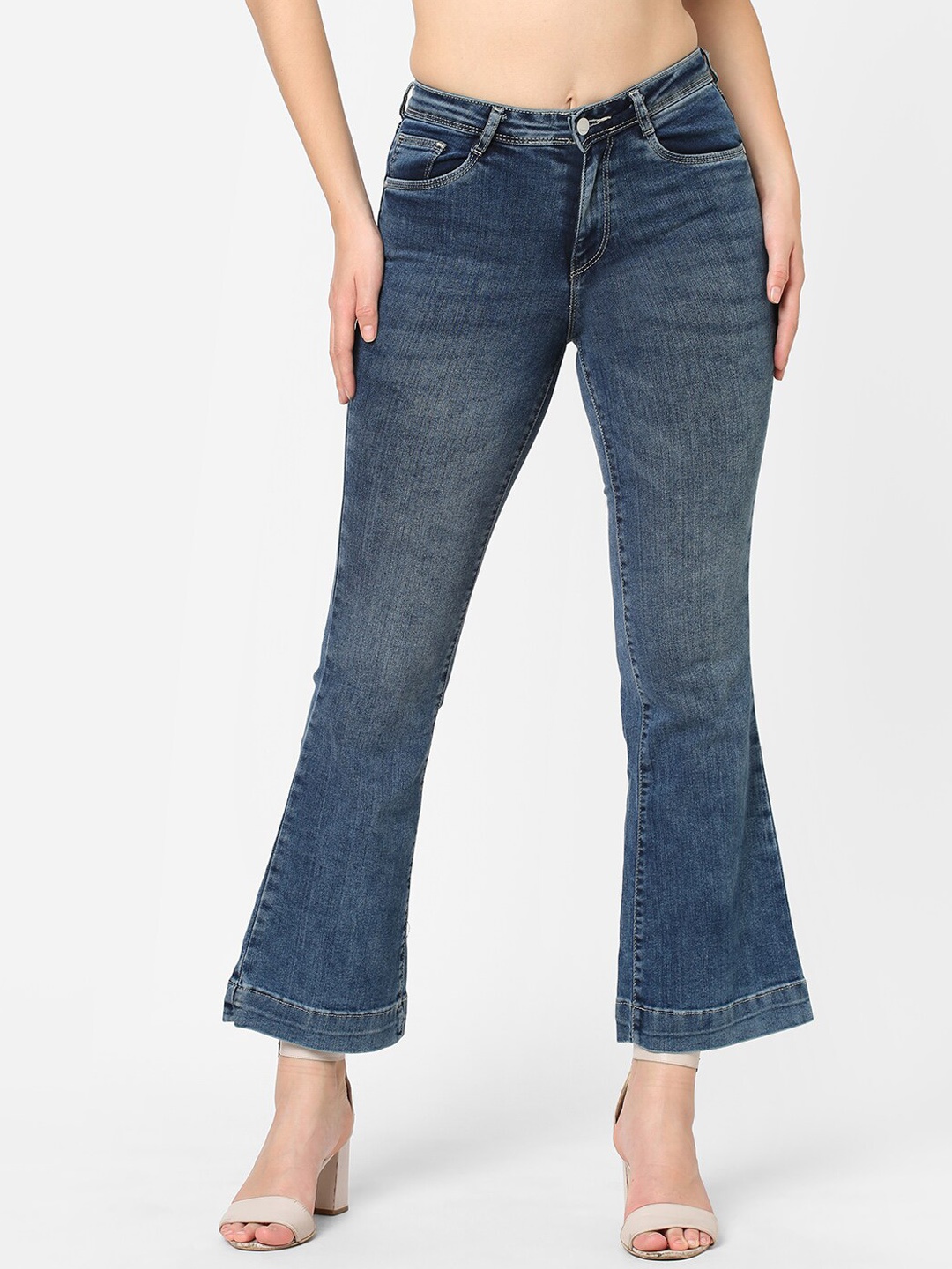 

Kraus Jeans Women Flared High-Rise Light Fade Cropped Stretchable Jeans, Grey